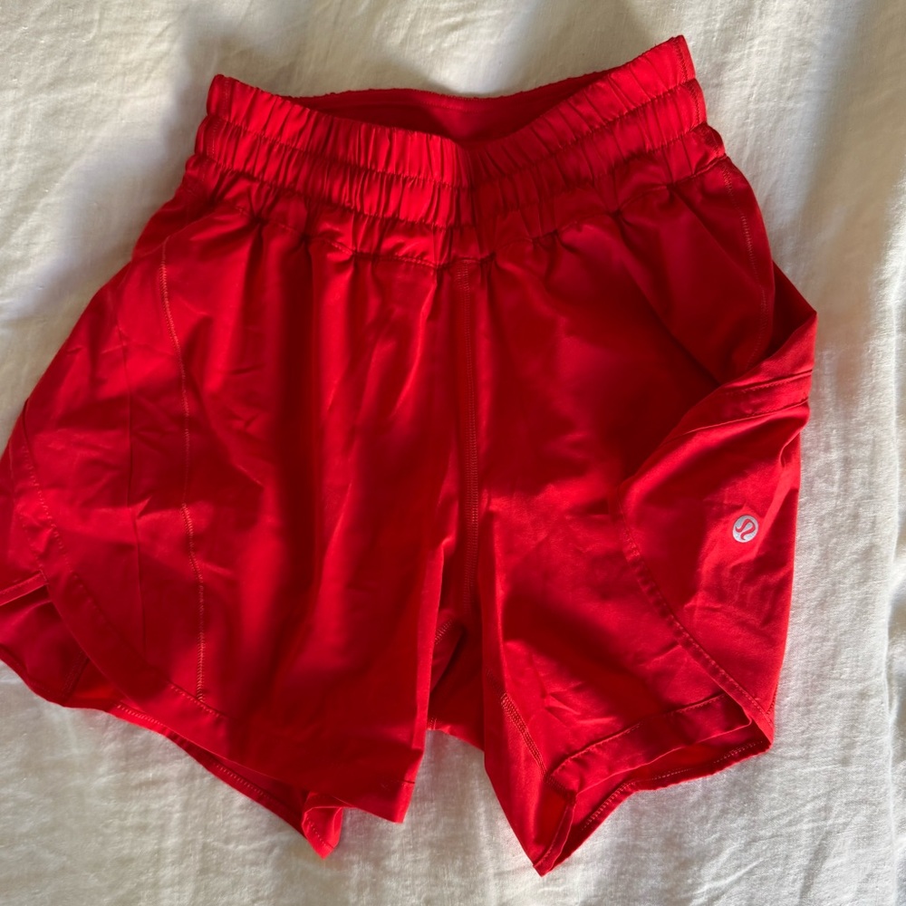 Red “Hot Heat” Lululemon High Waisted 5” Shorts